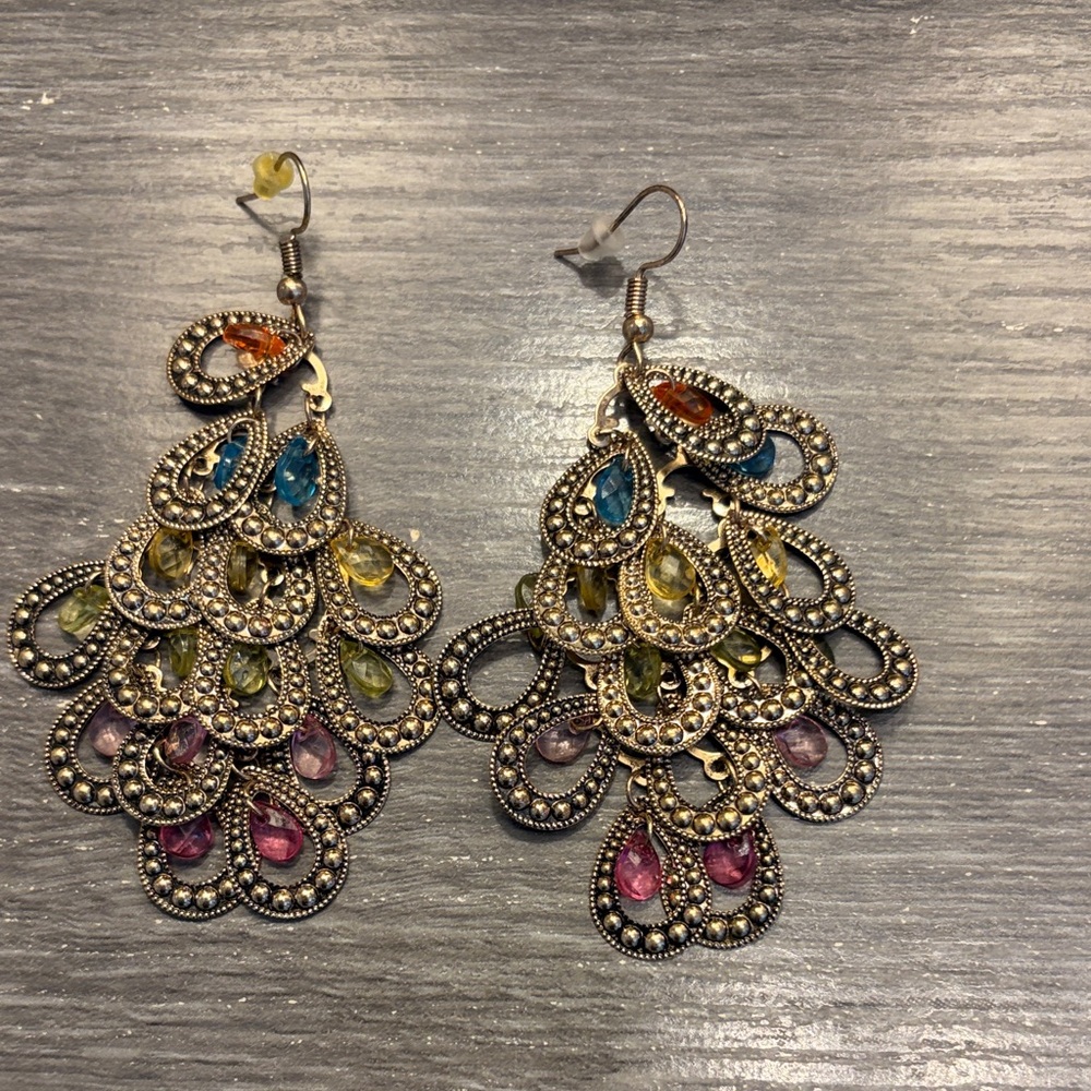 New In Box…Plunder Jewel-Toned/Gold Gem Chandelier Earrings